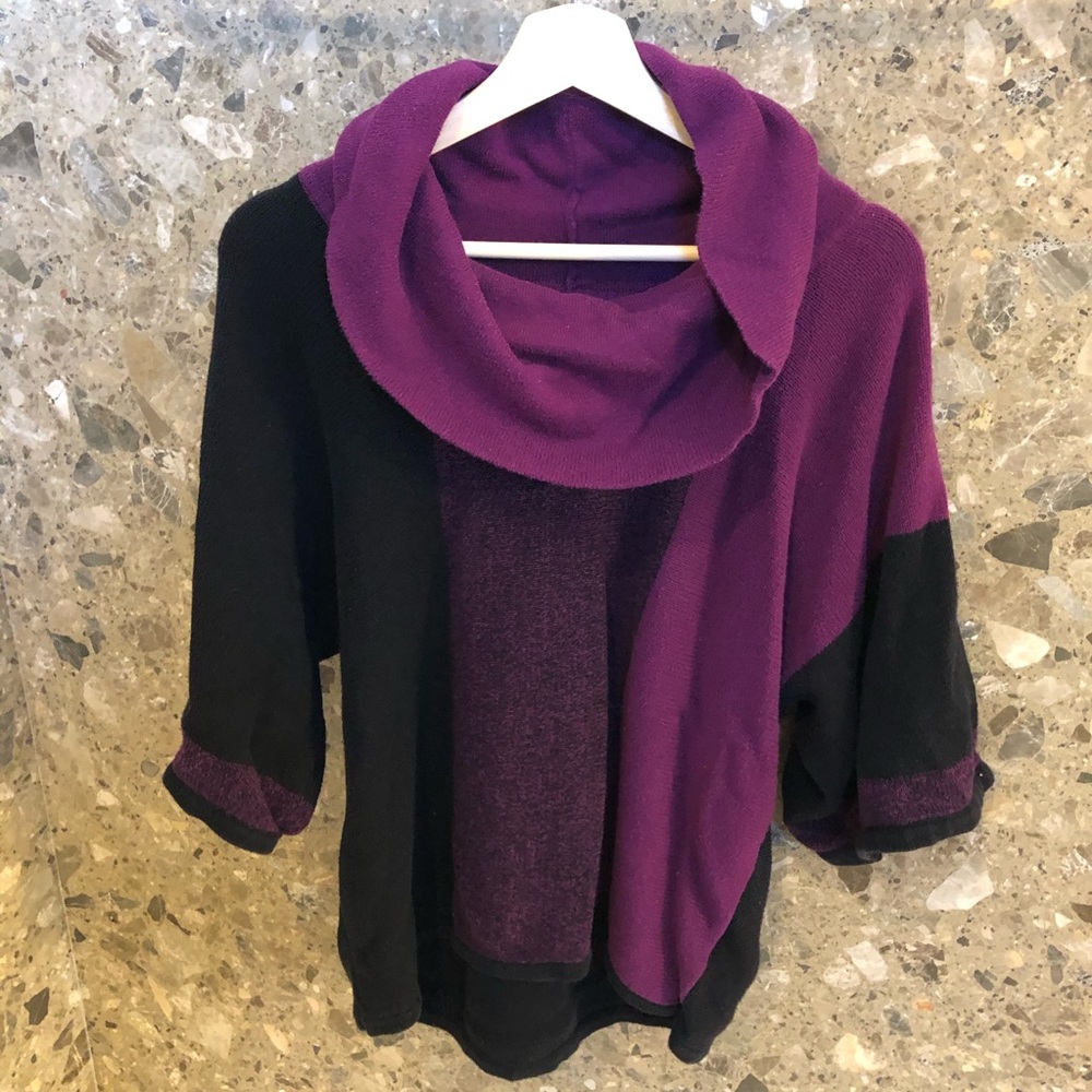 Purple and Black Cowl Neck Color Block Sweater